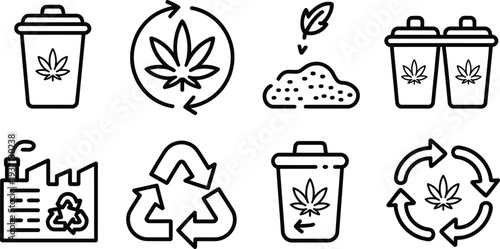Black line icons of marijuana recycling and eco friendly concepts on white background