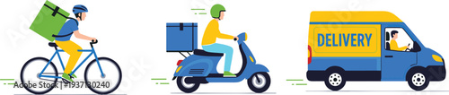 Delivery service transportation set, courier with bicycle scooter and van, fast shipping logistics concept vector illustration collection