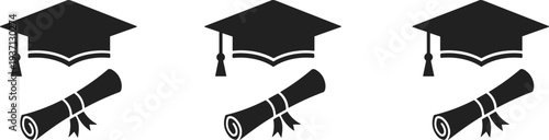 "Three black graduation cap and diploma silhouette icons arranged horizontally, symbolizing academic achievement, success, and education for school, college, and university design projects"