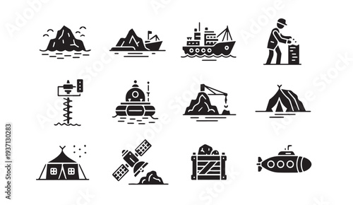 Black icons of various industrial and travel symbols on white background