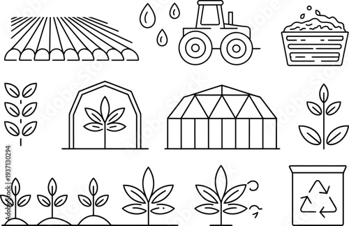 Agricultural icons with plants and farming equipment  eco friendly gardening tools