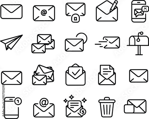 Collection of email and communication icons in black outline on white envelope message