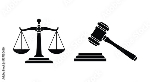 A black silhouette illustration depicts scales of justice and a gavel with a sound block
