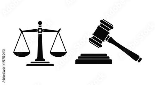 A black silhouette illustration depicts a scales of justice and a gavel representing legal concepts