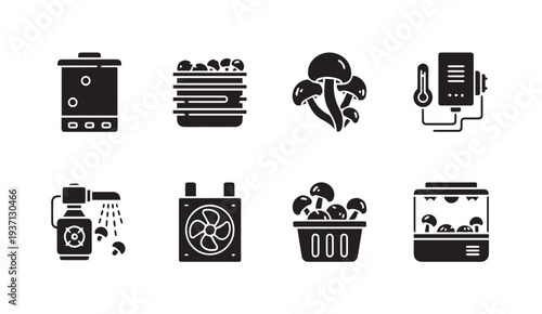 Mushroom cultivation and climate control icons for agriculture and technology