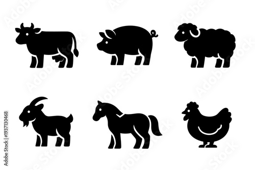 Farm animal icon collection in black. Set of cow, pig, sheep, goat, horse and chicken icons