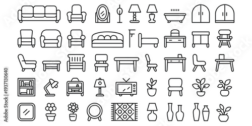 Collection of line art icons representing furniture and home decor items sofa armchair