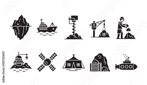 Black icons of mining, transportation, and industrial activities
