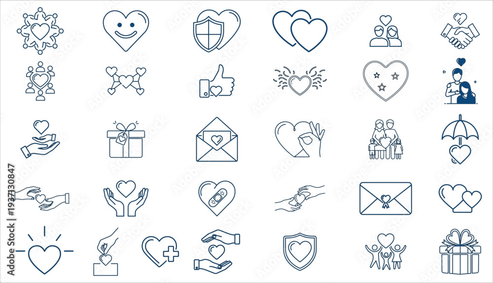 Fototapeta premium Set of wedding icons with hearts including rings gifts music and love symbols in simple vector style