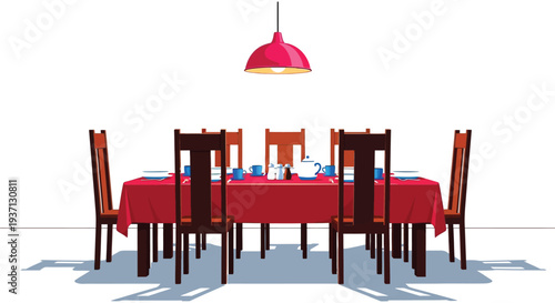 A formally set dining table with six place settings illuminated by a hanging red lampshade