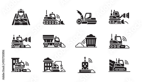 Heavy machinery icons set for construction and industry