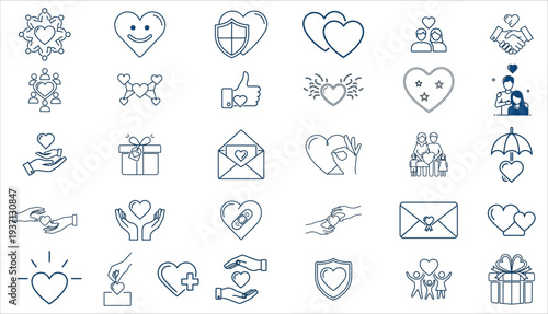Set of wedding icons with hearts including rings gifts music and love symbols in simple vector style