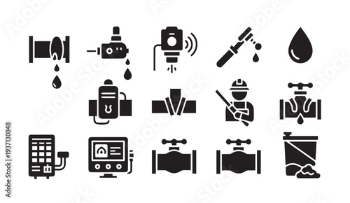 Black icons depicting various plumbing and water management tools