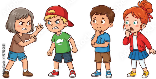 Cartoon Children Arguing and Showing Different Emotions for School Conflict, Bullying Situation, and Childhood Social Interaction Vector Illustration