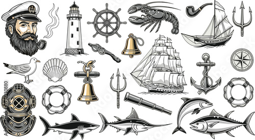 Vintage nautical elements collection, sailor captain lighthouse ship anchor marine icons set, ocean navigation objects vector illustration, maritime adventure design bundle