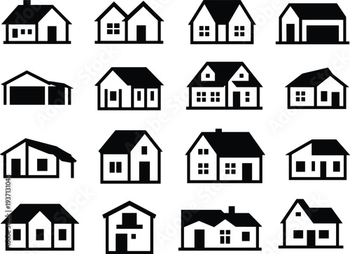 Collection of twelve black and white simple house icons on a white background home building
