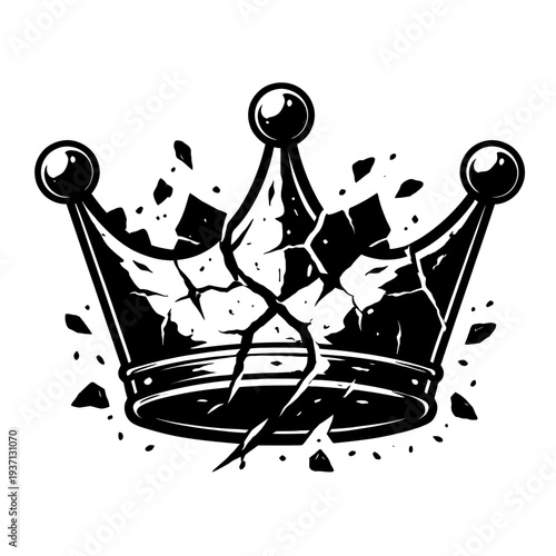 Monochromatic vector art of a dramatically shattered crown, pieces exploding outward. Symbolizes downfall, lost power, rebellion, fragile authority, and societal change. Ideal for grunge, edgy apparel
