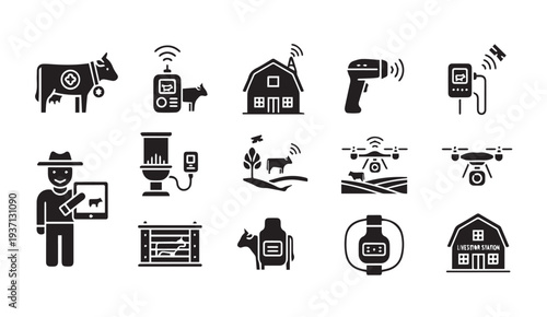 Smart farming technology icons for modern agriculture and livestock management