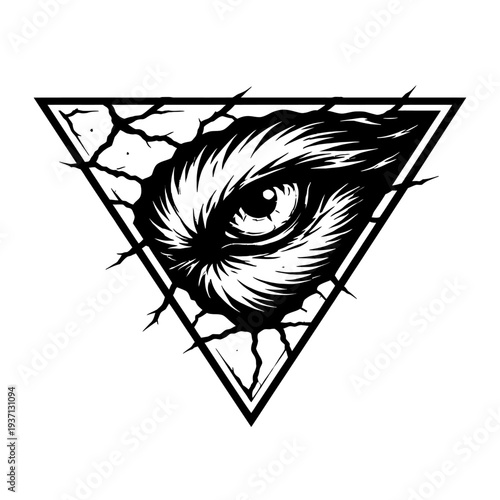 Intense predatory eye with sharp detail bursting forth from a shattered, cracking geometric triangle frame, rendered in striking black and white vector art, embodying primal power, fierce vision, and