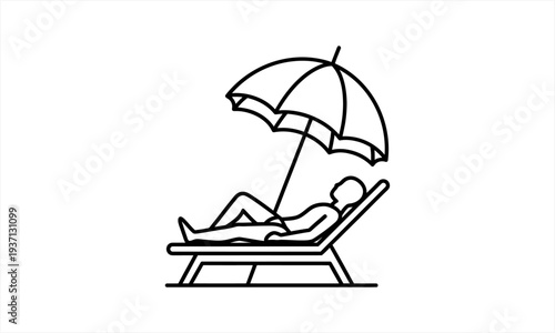 Person relaxing on a beach chair under an umbrella.