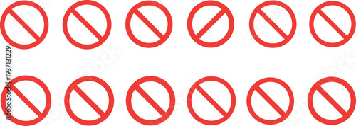 Prohibited sign icon set with red circle and diagonal slash symbols, stop and restriction warning collection, ban and forbidden symbols vector illustration