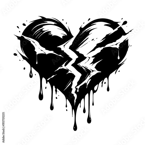 Striking monochrome vector art of a shattered, broken heart, dramatically split with jagged lines and distressed black ink drips, powerfully symbolizing deep heartbreak, love lost, emotional pain, and