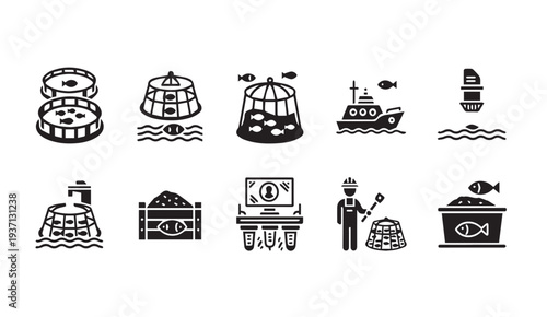 Aquaculture industry icons for fish farming and seafood production