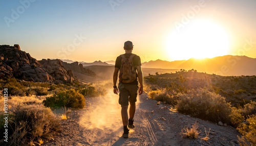 A person walks away from the viewer into a sunset-lit desert landscape on a sandy path under a bright sky