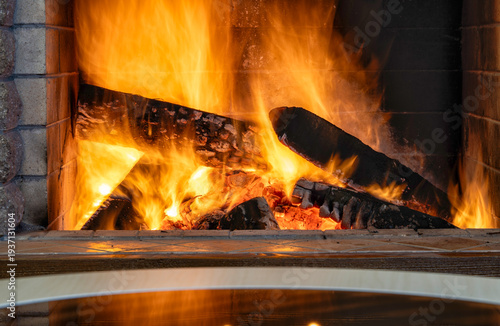 Cozy fireplace,winter vacations, fire burning