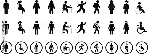 Human pictogram icon set, people activity symbols collection, office worker, walking person, disabled wheelchair user, male female figures, black silhouette vector illustration