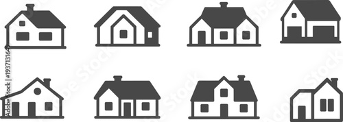 Eight dark grey simple house icons with various roof styles and window arrangements home building
