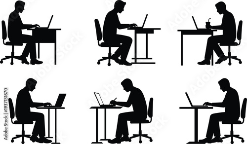 Silhouette office workers at desks with laptops, business teamwork, remote work, corporate workspace, productivity, technology, workplace scene