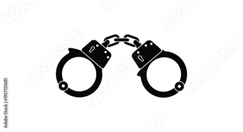 A stark black silhouette depicts a pair of open metal handcuffs against a plain white background
