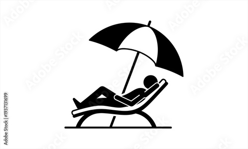 Person relaxing under an umbrella on a lounge chair, enjoying leisure time.