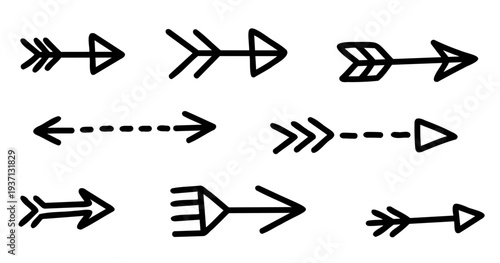 Bold arrow icons set with strong geometric shapes and directional pointers, modern navigation symbols for interface design, infographic diagrams and signage systems