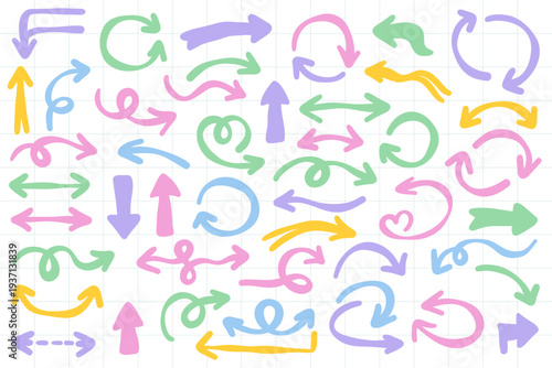 Colorful curved arrows collection with playful hand drawn shapes and dynamic motion symbols, bright navigation elements for infographic design, presentation, interface and diagram