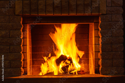 Cozy fireplace,winter vacations, fire burning