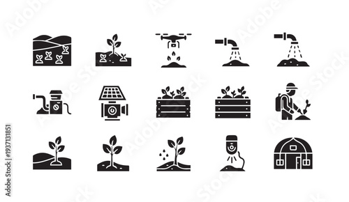 Modern sustainable farming technology icons set