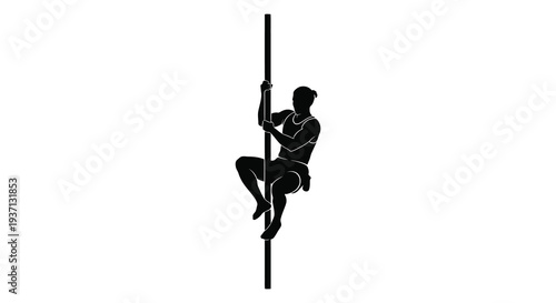 A silhouette of a pole dancer gracefully climbing a vertical pole against a stark white background