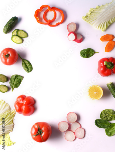 Flat lay vegetables on white background, copy space. Food concept.