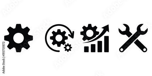 Four black icons representing engineering and business concepts on a white background Keywords: gear, cogwheel, wrench, spanner