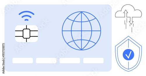 Digital payment system. Digital payment services highlighted with chip card, global connectivity, and secure cloud storage. Digital payment ensures seamless transactions and security. For fintech