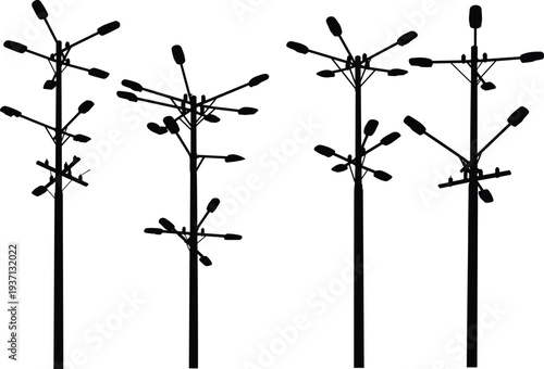 Silhouette streetlight poles with multiple lamps, urban lighting infrastructure, outdoor illumination system, city planning, engineering design, black and white illustration