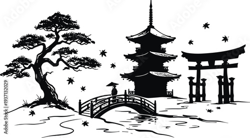 Japanese traditional landscape silhouette with pagoda, torii gate, bonsai tree, bridge and falling leaves, Asian temple scenery vector illustration isolated design