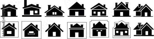 House icon set with different residential home silhouettes, real estate property buildings collection, modern cottage and suburban house symbols vector illustration