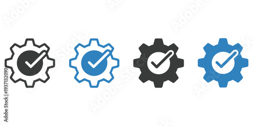 Four gear icons with checkmarks in black and blue on white background cogwheel settings
