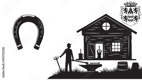 Vector illustration of a farmer with pitchfork and horseshoe in front of a rural cabin
