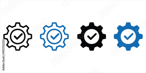 Four gear icons with checkmarks in blue and black outlines and fills cogwheel symbol