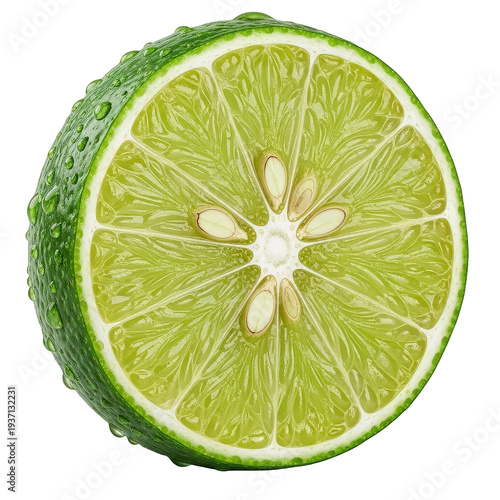Freshly sliced lime with water droplets on green skin