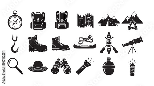 Set of 20 hiking and exploration icons vector